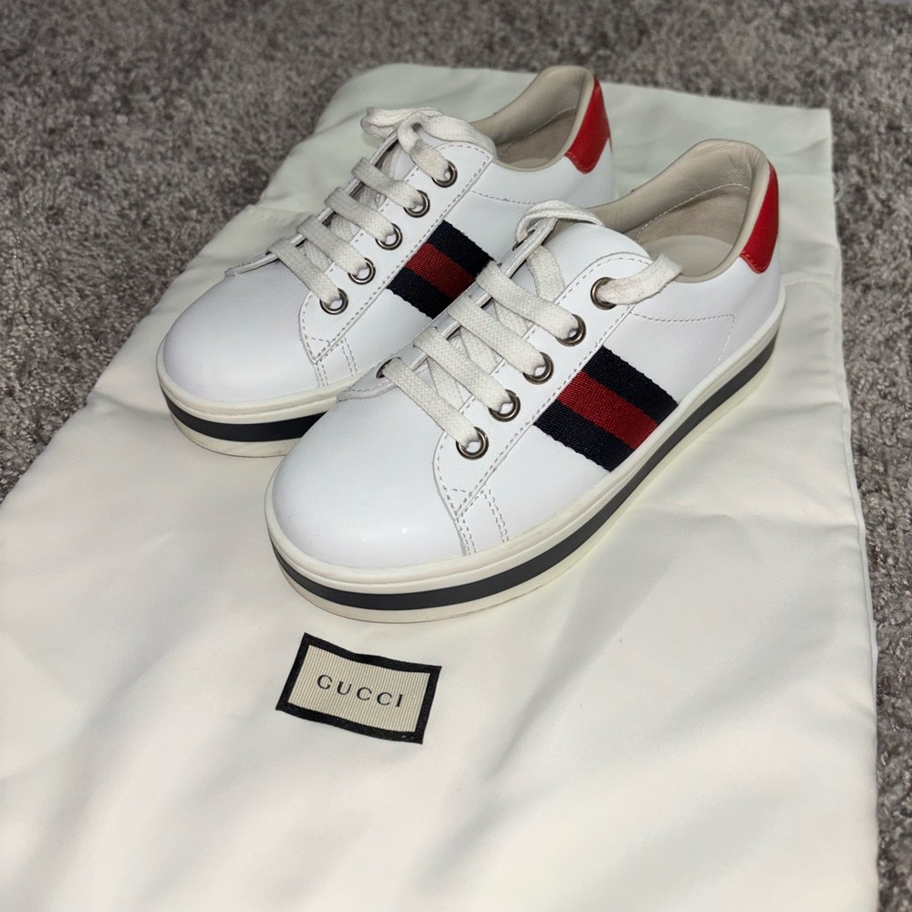Gucci White Leather Sneakers with Red and Black Accents